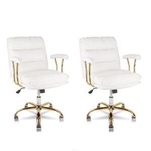 klasika 2 pack ergonomic office desk chair for heavy people with wheels and arms, faux leather computer chair for home bedroom office, white chair gold caster