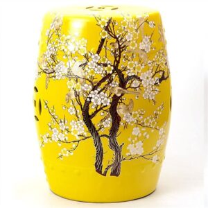 kiroja decorative ceramic garden stool, glazed vintage flower and bird hollow changing stool, suitable for living room, balcony, garden, etc. (color : lemon yellow)