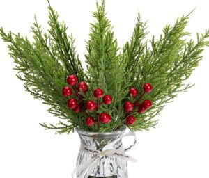 30 pcs/set christmas 3d artificial pine branches- 12.5 inch faux evergreen cedar sprigs branches- fake foliage pine needles picks with artificial red berry stems for diy christmas decoration