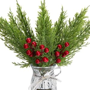 30 Pcs/Set Christmas 3D Artificial Pine Branches- 12.5 Inch Faux Evergreen Cedar Sprigs Branches- Fake Foliage Pine Needles Picks with Artificial Red Berry Stems for DIY Christmas Decoration