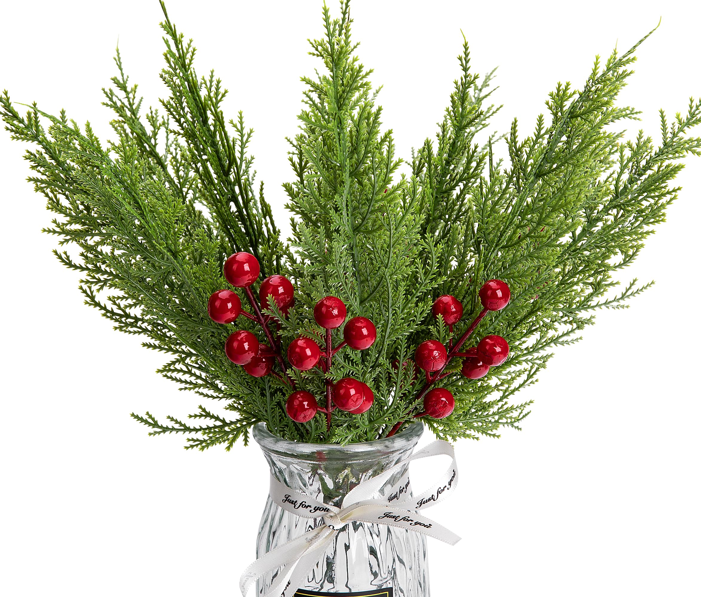 30 Pcs/Set Christmas 3D Artificial Pine Branches- 12.5 Inch Faux Evergreen Cedar Sprigs Branches- Fake Foliage Pine Needles Picks with Artificial Red Berry Stems for DIY Christmas Decoration