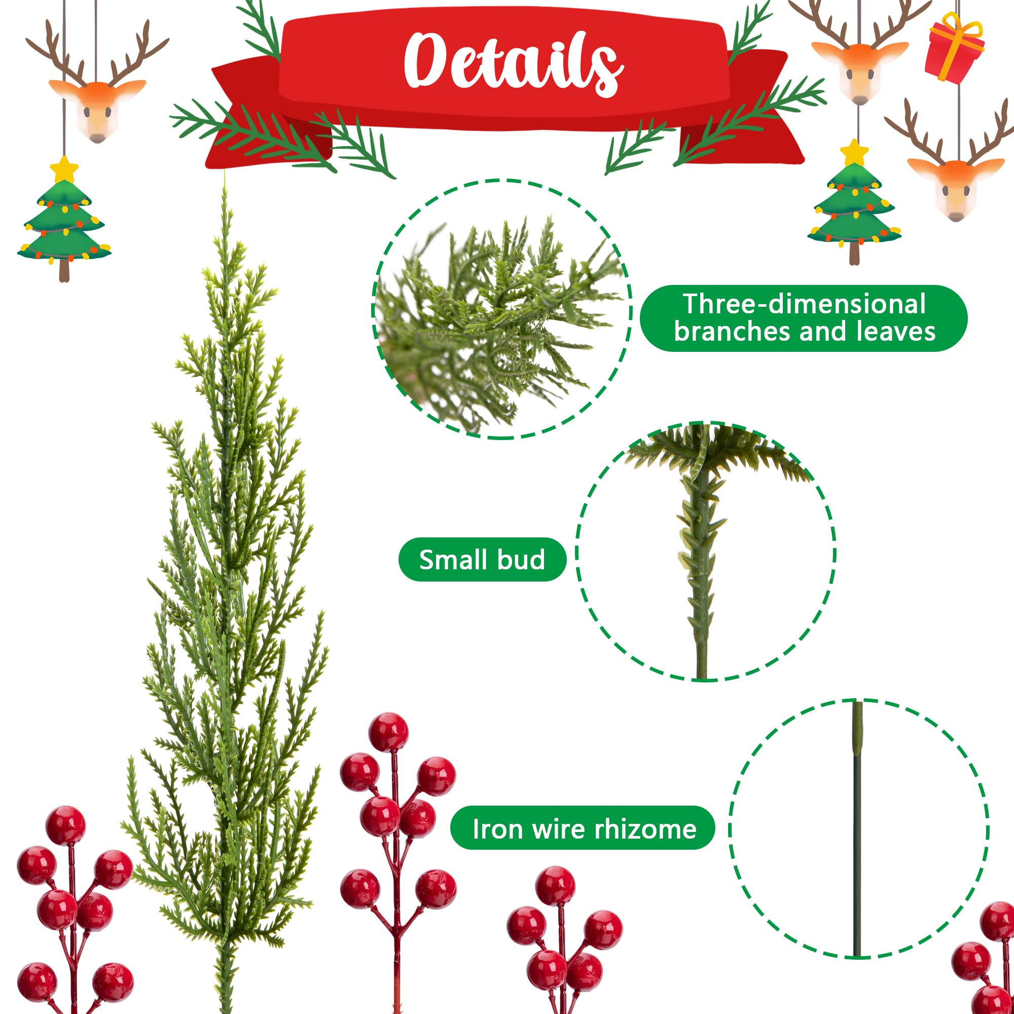 30 Pcs/Set Christmas 3D Artificial Pine Branches- 12.5 Inch Faux Evergreen Cedar Sprigs Branches- Fake Foliage Pine Needles Picks with Artificial Red Berry Stems for DIY Christmas Decoration