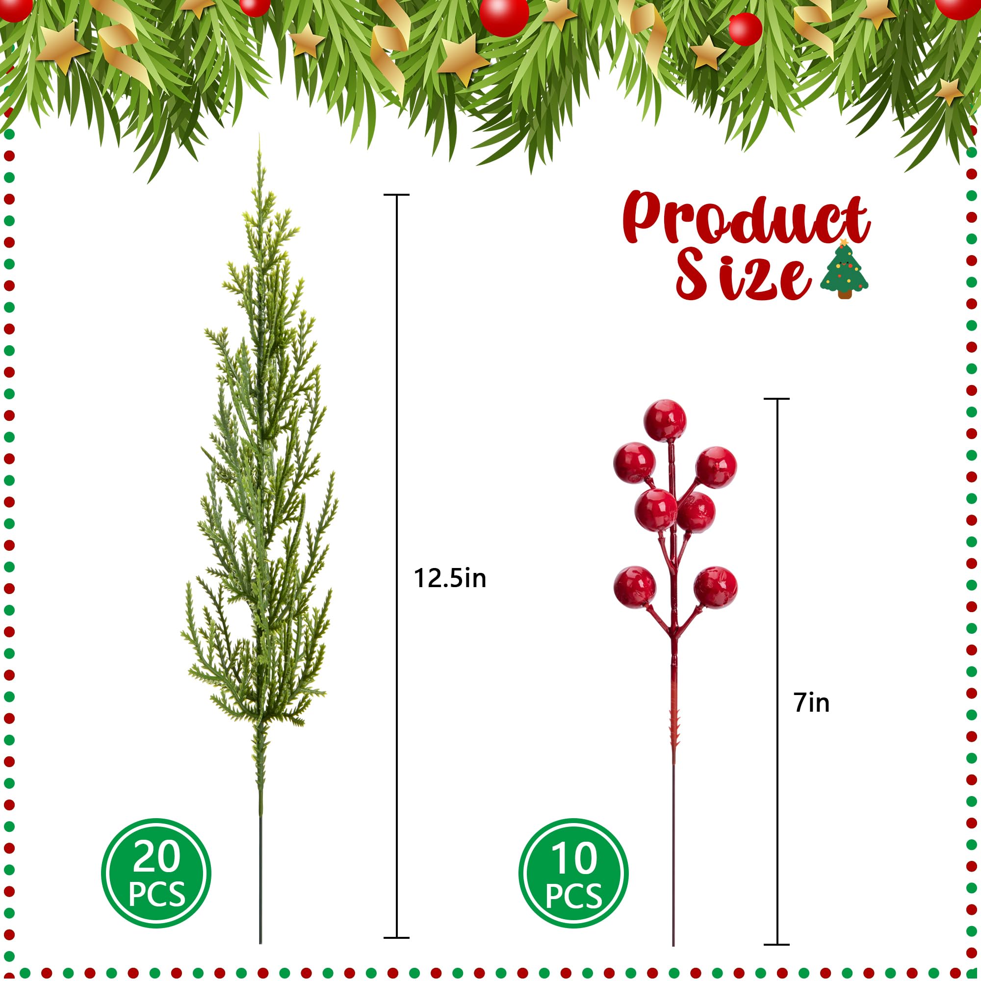 30 Pcs/Set Christmas 3D Artificial Pine Branches- 12.5 Inch Faux Evergreen Cedar Sprigs Branches- Fake Foliage Pine Needles Picks with Artificial Red Berry Stems for DIY Christmas Decoration