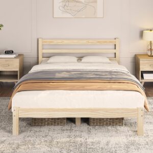 yaheetech queen bed frame solid pine wood platform bed with paneled headboard, wicklow style/wooden slats support/noise-free/7.5 inch space underneath/no box spring need/easy assembly, wood queen bed