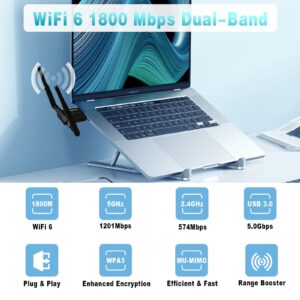 STAPERFO WiFi 6 Adapter for Desktop PC - 1800Mbps USB 3.0 Wireless Network Adapter - 2.4G/5G Dual Band WiFi Dongle for Laptop MU-MIMO OFDMA WPA3 Dual 5dBi Antennas Plug & Play Supports Windows 11/10