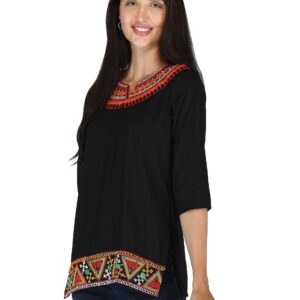 MESMERIICAL Women's Embroidered Cotton Short Kurti (Large, Black)