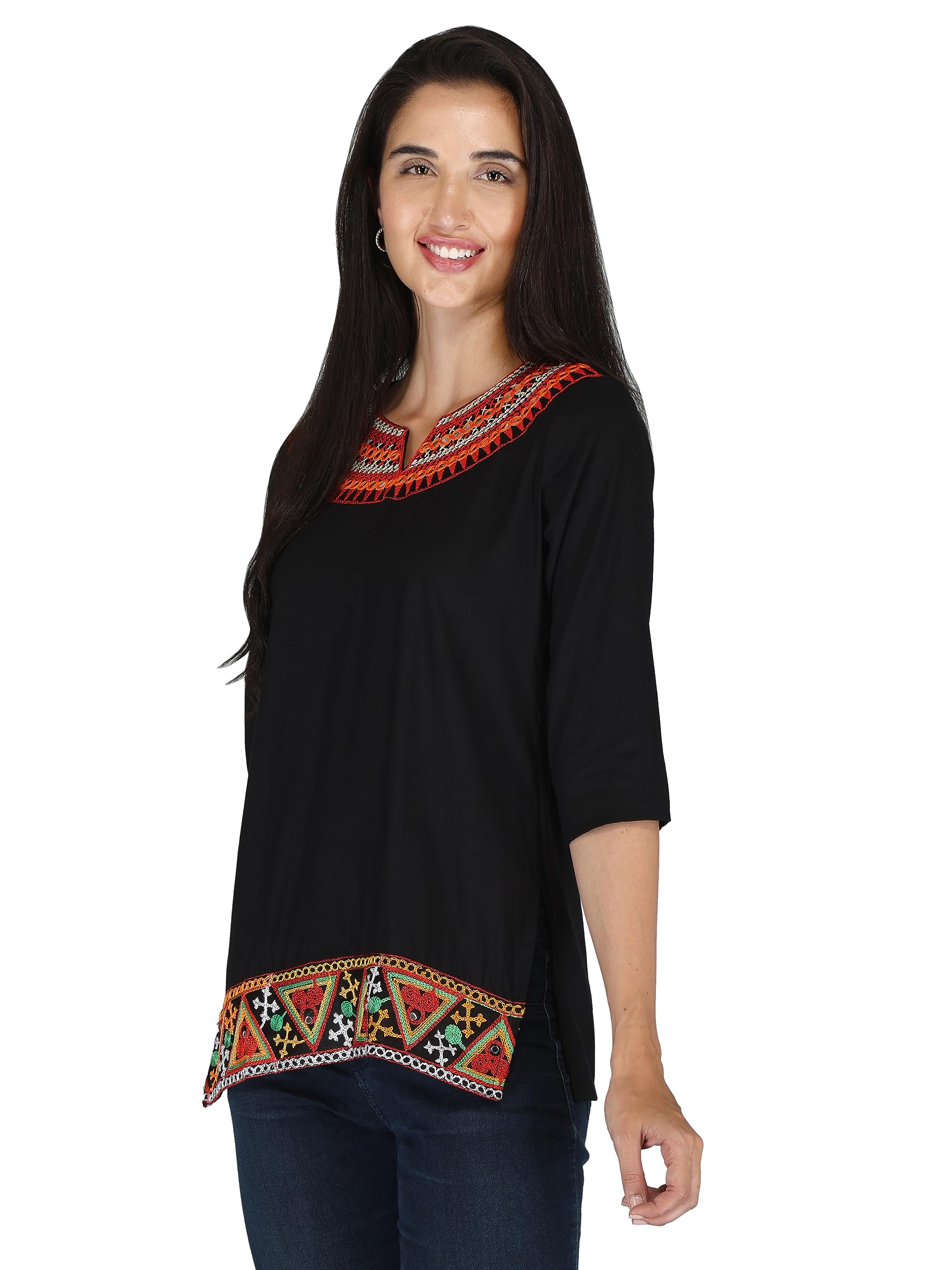 MESMERIICAL Women's Embroidered Cotton Short Kurti (Large, Black)