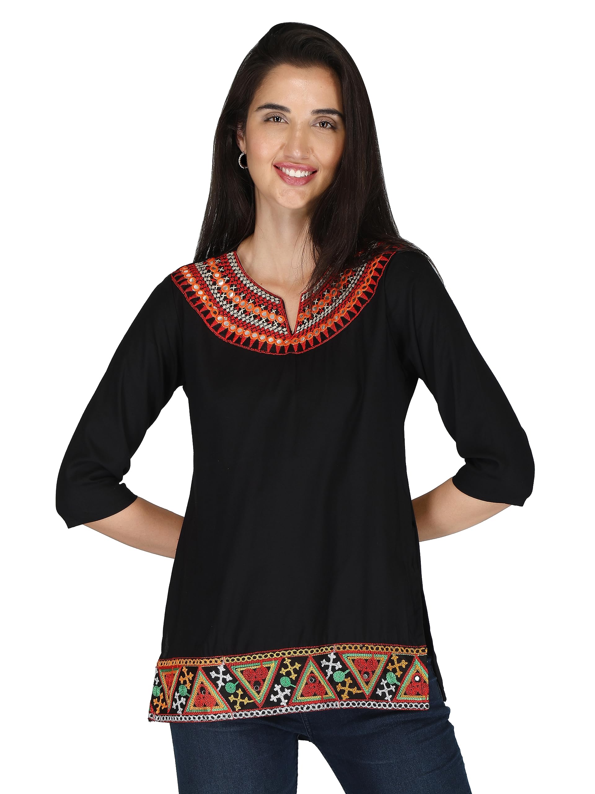 MESMERIICAL Women's Embroidered Cotton Short Kurti (Large, Black)