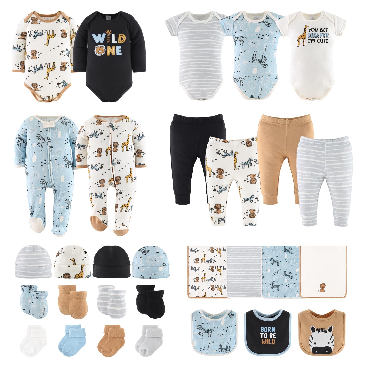 The Peanutshell Newborn Clothes & Essentials Set, 30 Piece Baby Layette Gift Set, 0-3 Month Outfits, Safari