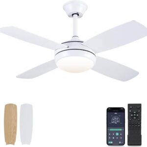 Asyko 42" Ceiling Fans with Lights, White Modern Ceiling Fan with Remote and APP Control, 6 Speed and Memory Function, Low Profile Ceiling Fan Light for Bedroom, Living Room, Dinning Room…