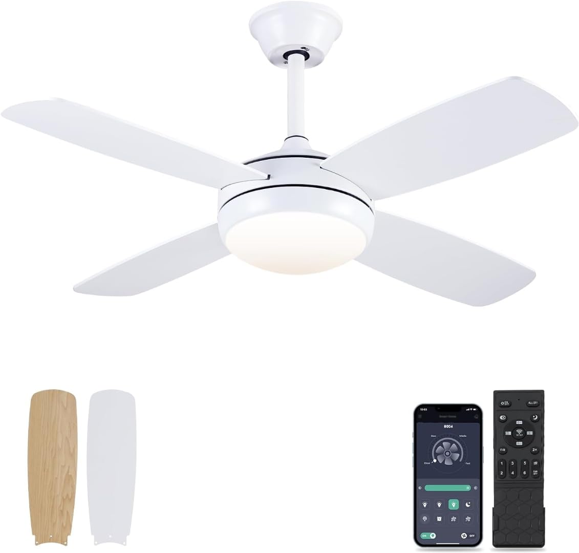 Asyko 42" Ceiling Fans with Lights, White Modern Ceiling Fan with Remote and APP Control, 6 Speed and Memory Function, Low Profile Ceiling Fan Light for Bedroom, Living Room, Dinning Room…