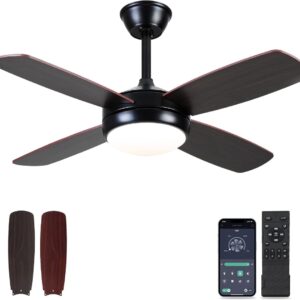 Asyko Ceiling Fans with Lights - 42" Black Outdoor Ceiling Fan with Light and Remote, Dimmable and Reversible Motor, Modern Low Profile Ceiling Fan Lights for Indoor Bedroom/Outdoor Covered Patio…