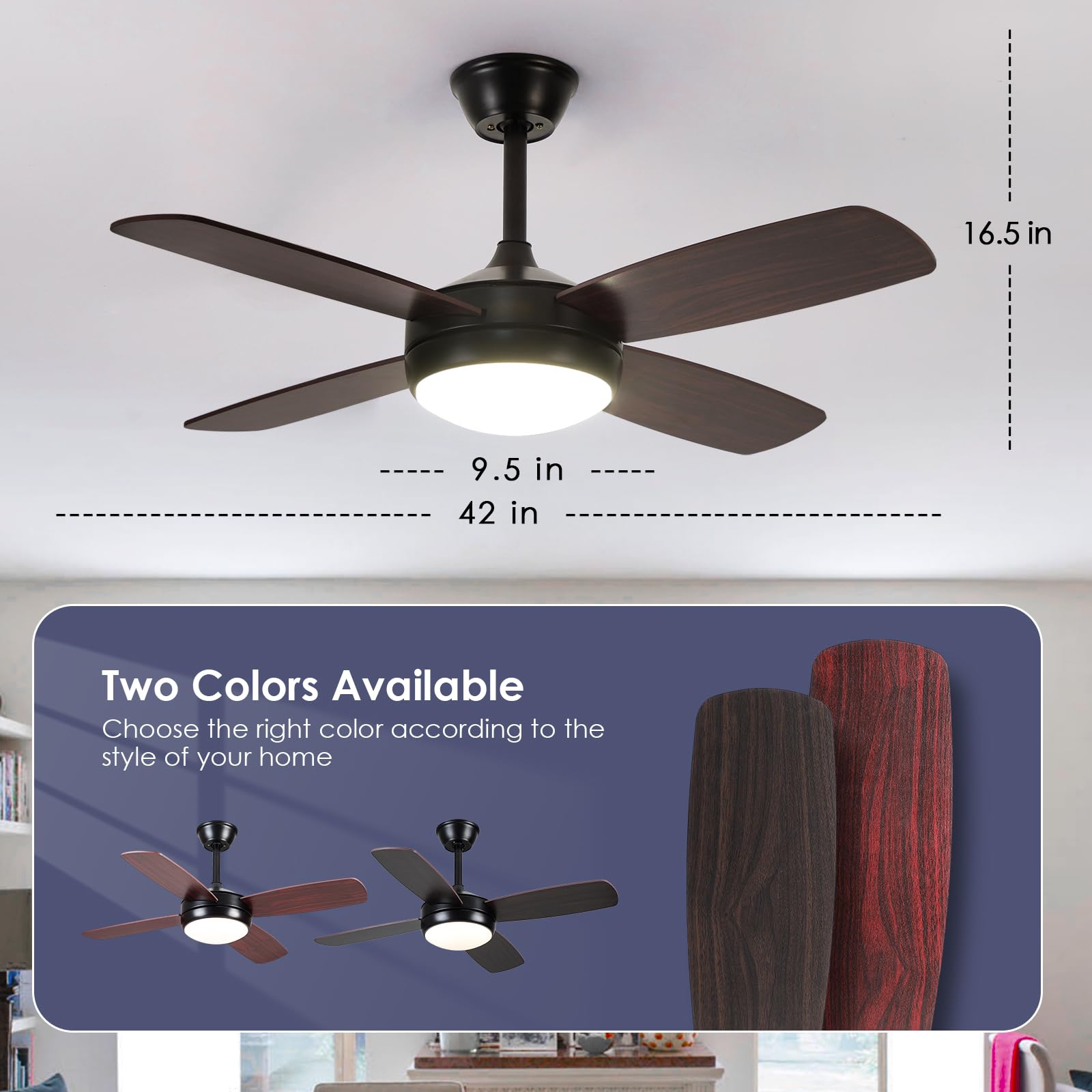 Asyko Ceiling Fans with Lights - 42" Black Outdoor Ceiling Fan with Light and Remote, Dimmable and Reversible Motor, Modern Low Profile Ceiling Fan Lights for Indoor Bedroom/Outdoor Covered Patio…