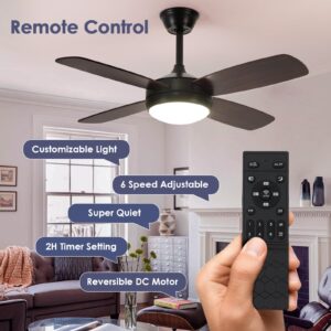 Asyko Ceiling Fans with Lights - 42" Black Outdoor Ceiling Fan with Light and Remote, Dimmable and Reversible Motor, Modern Low Profile Ceiling Fan Lights for Indoor Bedroom/Outdoor Covered Patio…