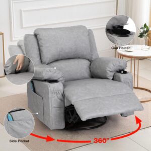 KCREAM Swivel Recliner Chairs with Massage and Heat,Leather Recliner Chairs Sofa Rocker Chair with Side Pocket Manual Reclining Chair Rocking Recliner with Drink Holders for Living Room,Grey