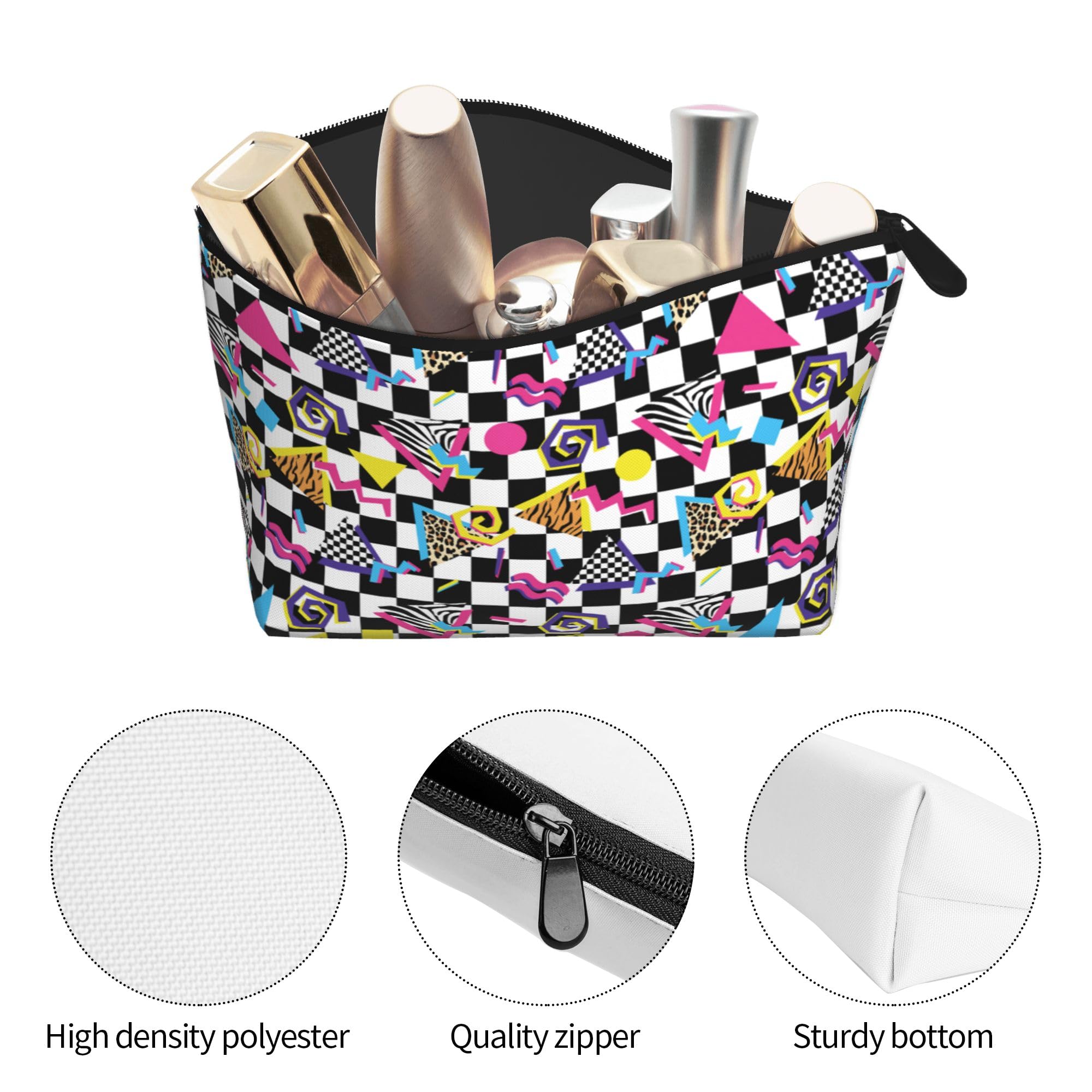 Women's Lightweight Makeup Bag Pouch Compatible with Black And White Checkered Retro 80S 90S, Funny Travel Cosmetic Bag Portable Pencil Bag with Zip for Office College Christmas Gift