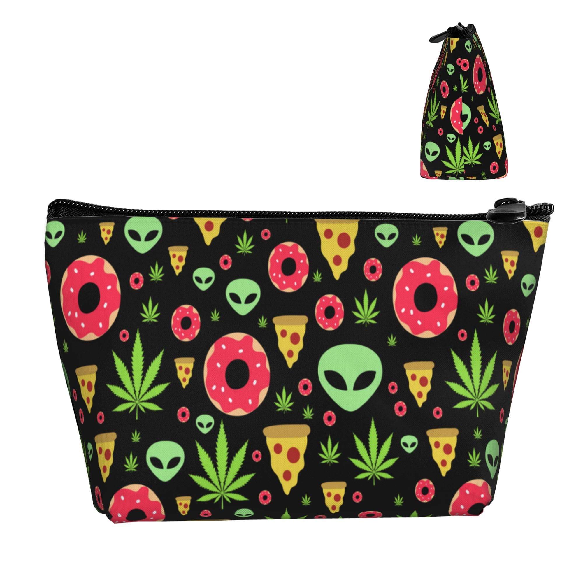 Lightweight Travel Portable Cosmetic Bag Compatible with Alien Donut Pot Leaf Weedleaf Pizza Black, Casual Toiletry Makeup Carrying Pouch Multifunction Coin Cash Storage Cases for Women