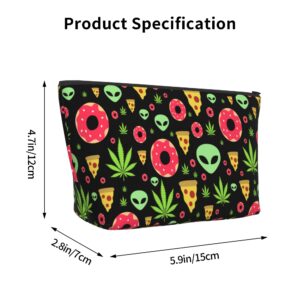 Lightweight Travel Portable Cosmetic Bag Compatible with Alien Donut Pot Leaf Weedleaf Pizza Black, Casual Toiletry Makeup Carrying Pouch Multifunction Coin Cash Storage Cases for Women