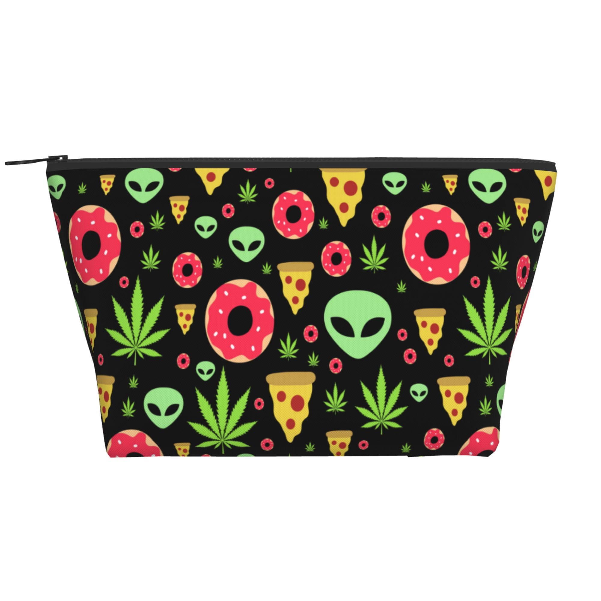 Lightweight Travel Portable Cosmetic Bag Compatible with Alien Donut Pot Leaf Weedleaf Pizza Black, Casual Toiletry Makeup Carrying Pouch Multifunction Coin Cash Storage Cases for Women