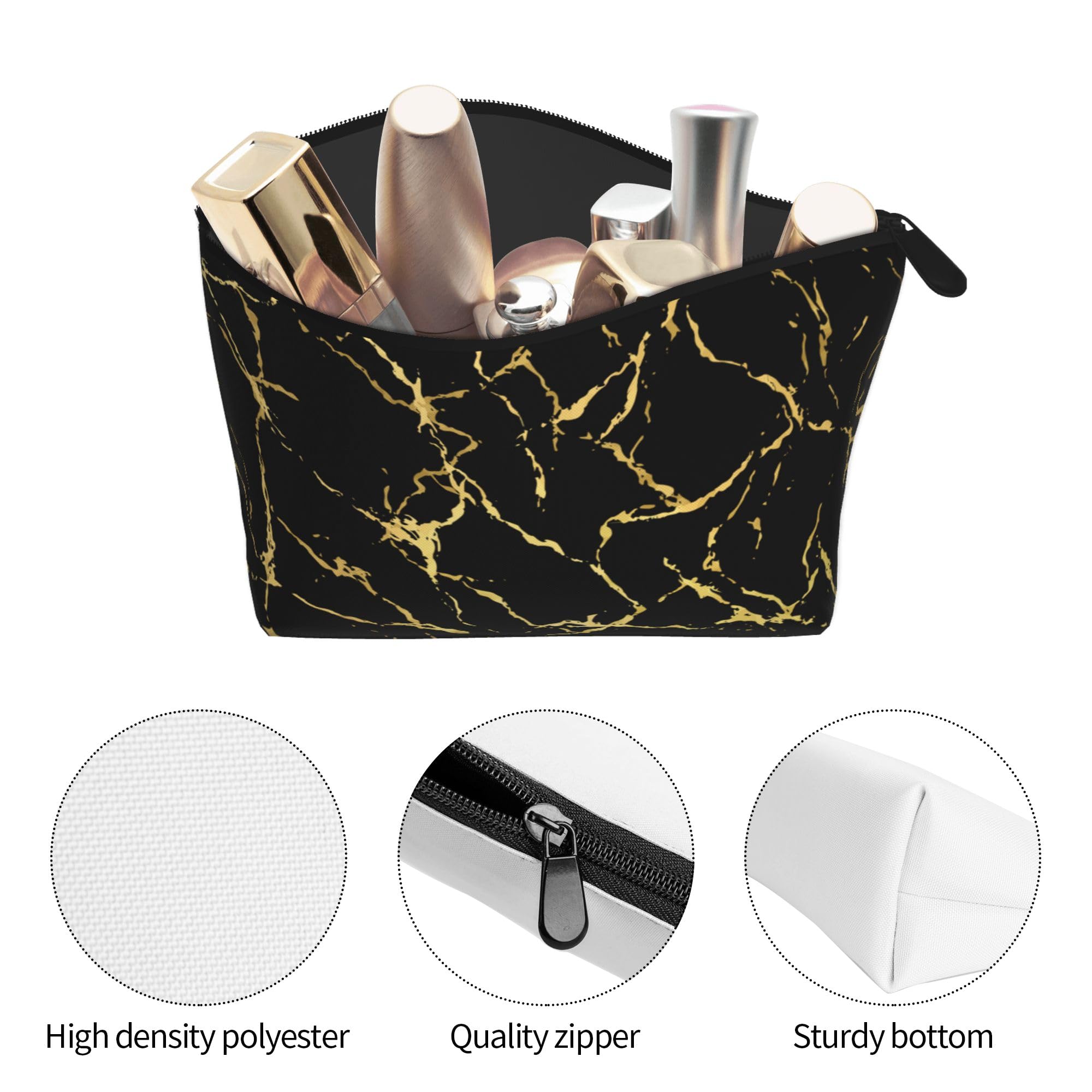 Women's Lightweight Makeup Bag Pouch Compatible with Gold Marbling Texture Black Marble, Funny Travel Cosmetic Bag Portable Pencil Bag with Zip for Office College Christmas Gift