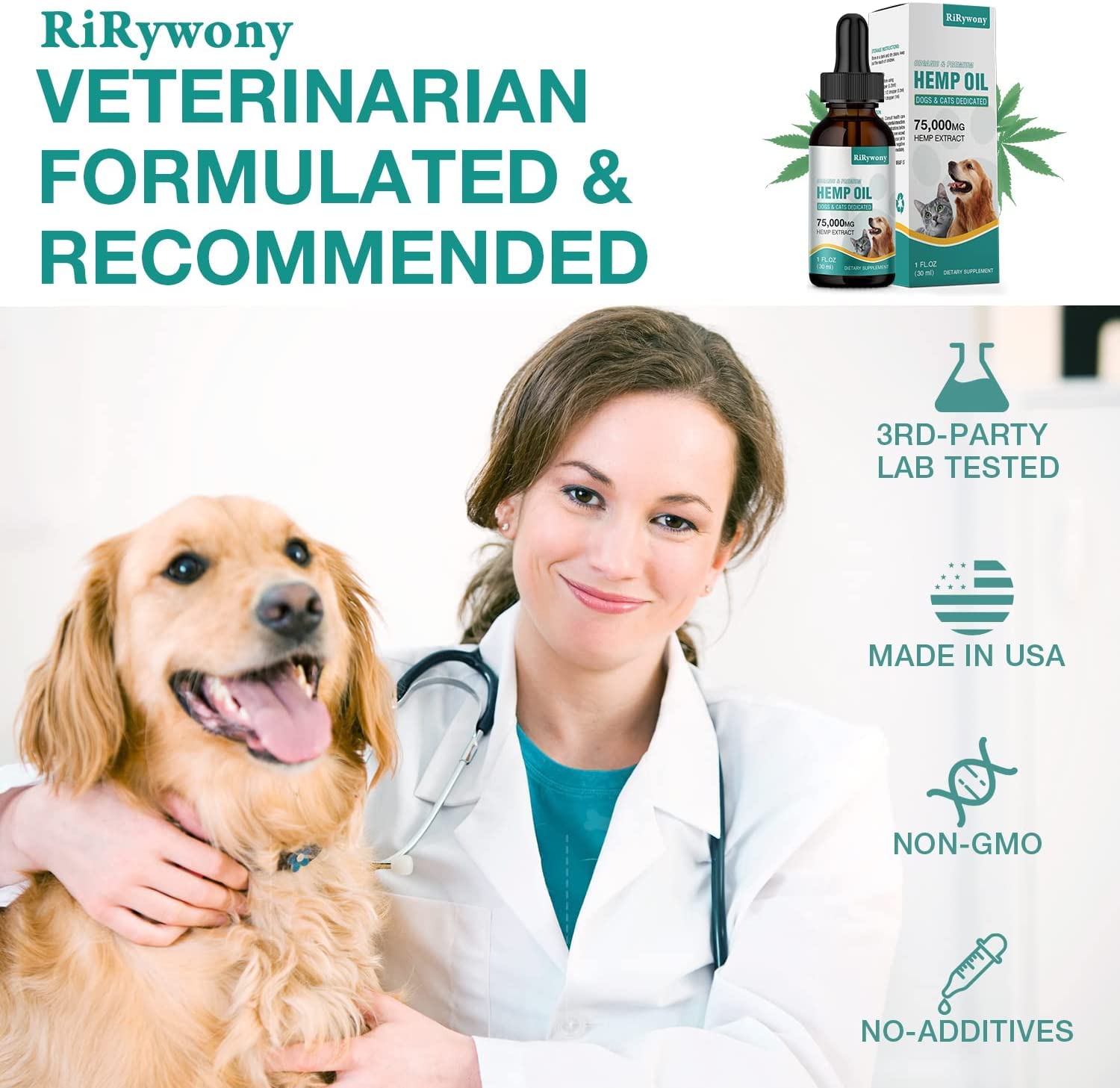 RiRywony Hemp Oil for Dogs Cats - Pure Hemp Drops for Pets Arthritis Pain Anxiety Relief Stress - Dog Herbal Supplements -Hip Joint Support Calming - Skin Health - Omega Fatty Acids - Made in USA