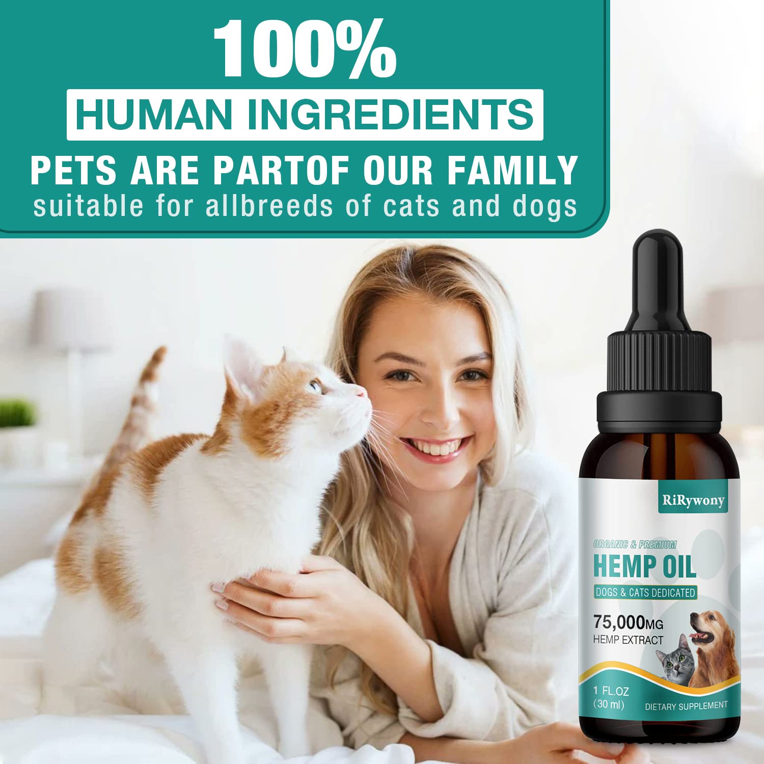 RiRywony Hemp Oil for Dogs Cats - Pure Hemp Drops for Pets Arthritis Pain Anxiety Relief Stress - Dog Herbal Supplements -Hip Joint Support Calming - Skin Health - Omega Fatty Acids - Made in USA