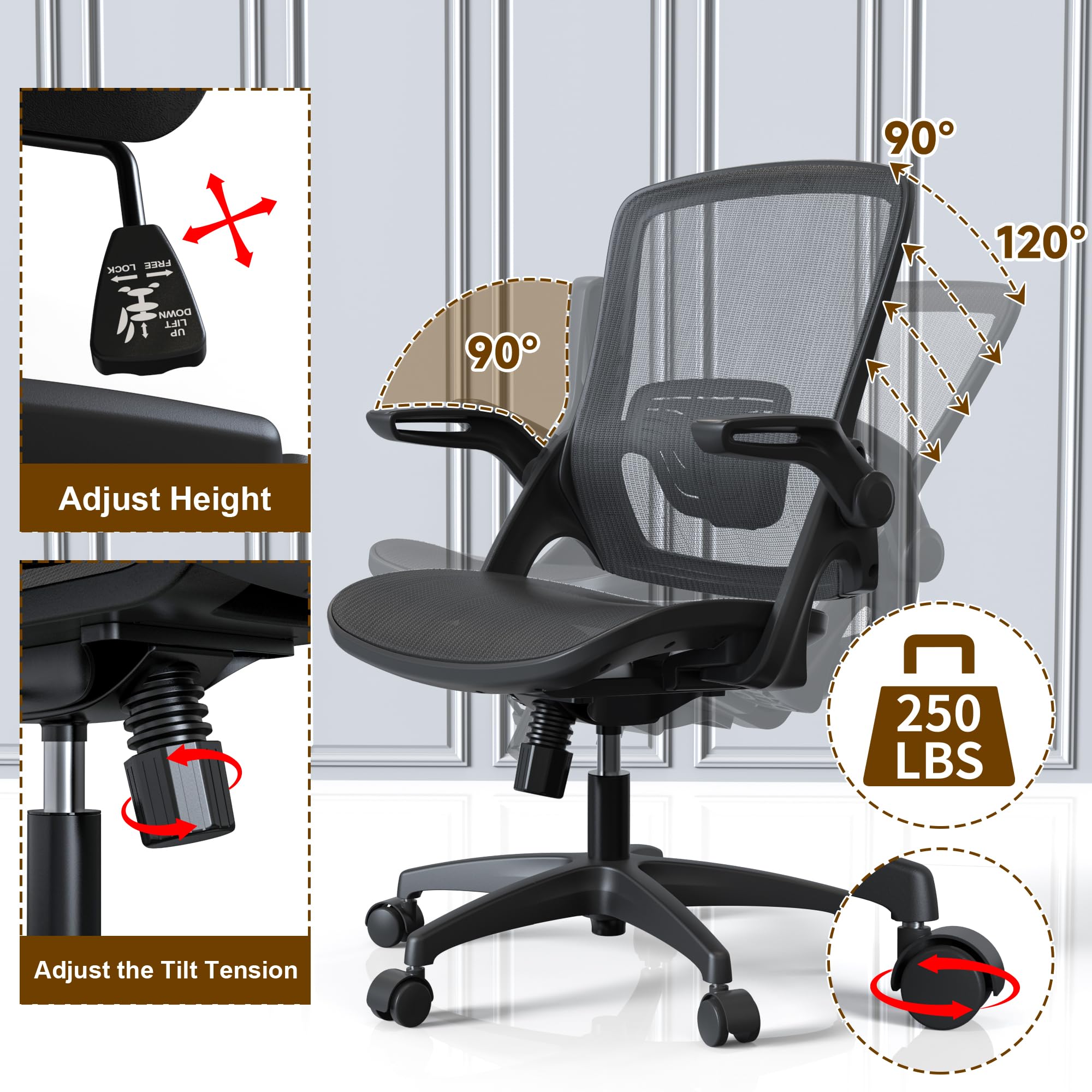 KOLLIEE Mesh Home Office Chair Ergonomic Swivel Office Desk Chair with Adjustable Lumbar Support Black Comfortable Computer Chair with Flip up Arms