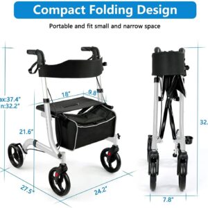 Healconnex Rollator Walkers for Seniors-Folding Rollator Walker with Seat and Four 8-inch Wheels-Medical Rollator，White