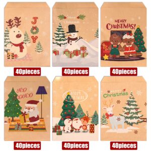 Kolewo4ever 240 Pieces Christmas Kraft Treat Bags Holiday Bags With Xmas Tree Santa Claus, Elk Prints Christmas Goodies Snack Gift Bags Red Green Candy Buffet Paper Bags for Christmas Holiday，6 Styles