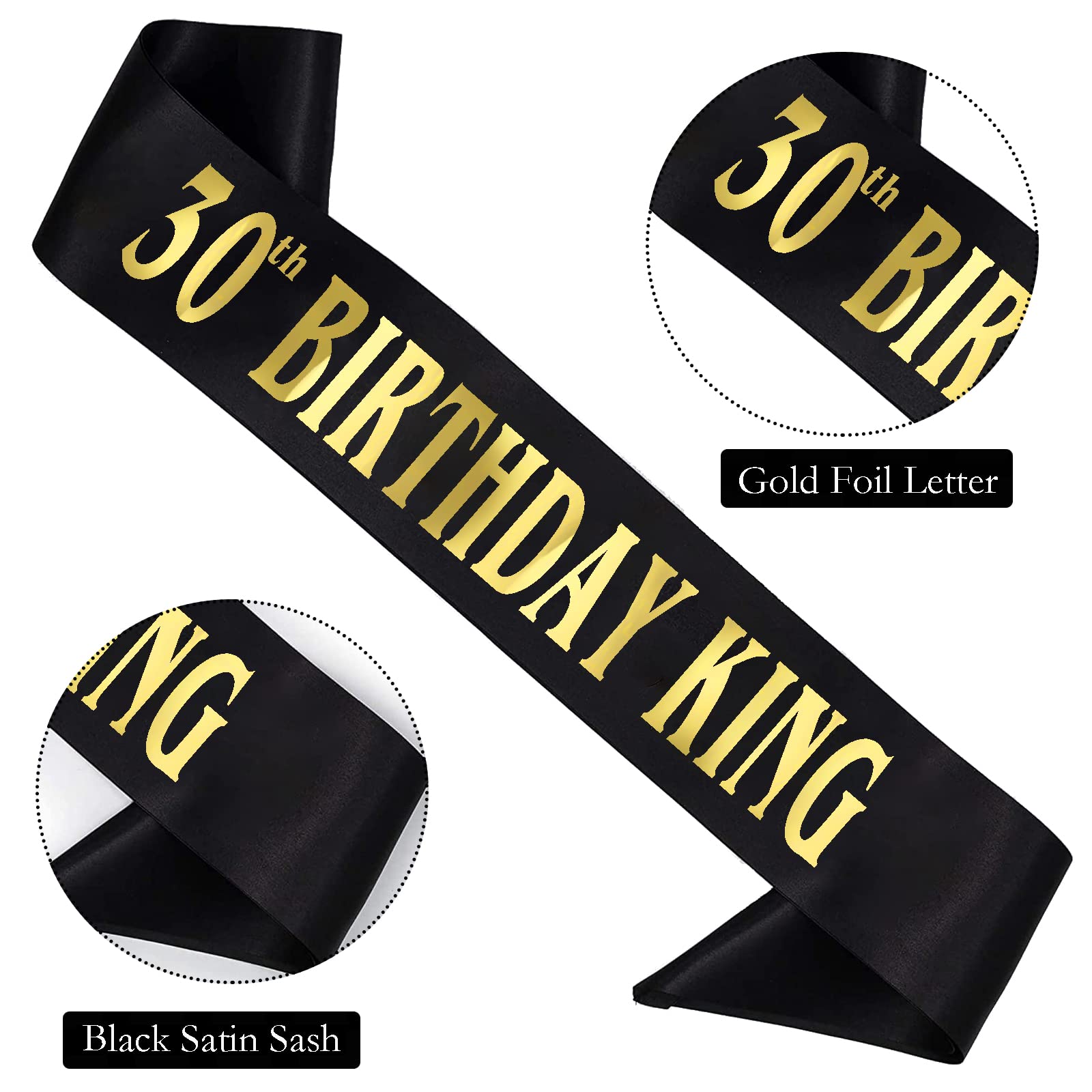 MUMUNN 30th Birthday King Sash, Gold Foil Black Satin Birthday Sash for Men 30th Fabulous Birthday Party Gift Decorations Favors