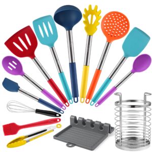 hotec heat resistant silicone kitchen utensils, cooking utensil set, spatula set, bpa free, kitchen gadgets, with stainless steel utensils holder, dishwasher safe, 14pcs multicolor