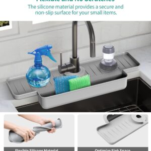 Silicone Faucet Splash Guard Kitchen Sink Splash Guard Upgraded Faucet Water Catcher Tray - 15.75” x 5.5''x2” - Sink Sponge Holder for Kitchen, Bathroom(Grey)