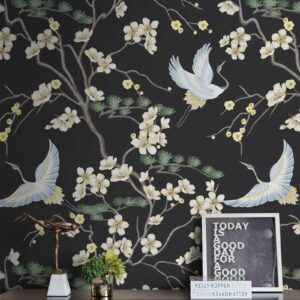 Micpolo Peel and Stick Wallpaper Black Floral Contact Paper Flowers and Birds Wall Paper Self Adhesive and Removable 16.1"x78"