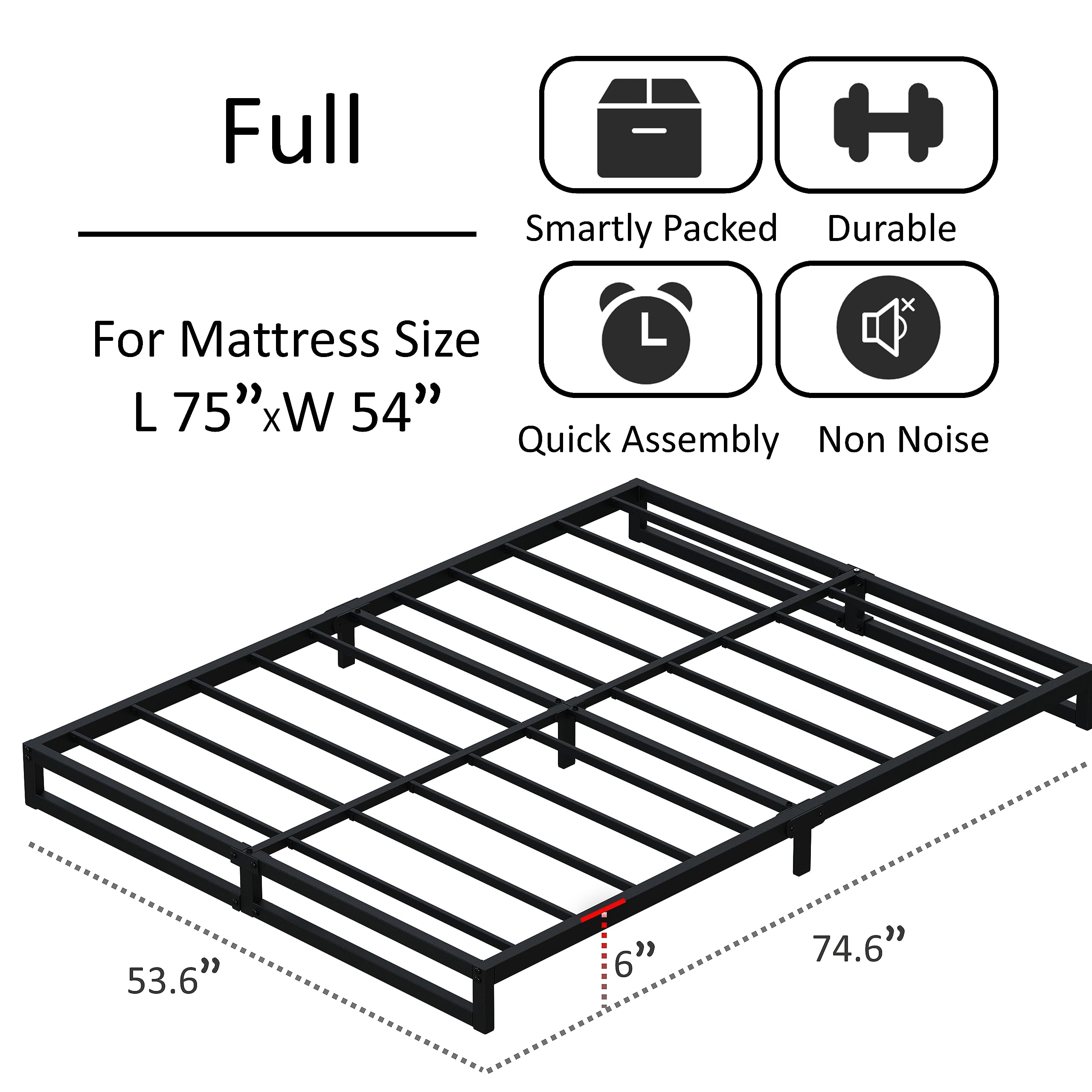 Lutown-Teen 6 Inch Full Size Bed Frame No Box Spring Needed, Heavy Duty Metal Platform Beds with Sturdy Steal Slats for Mattress Foundation, Easy Assembly, Noise Free, Black