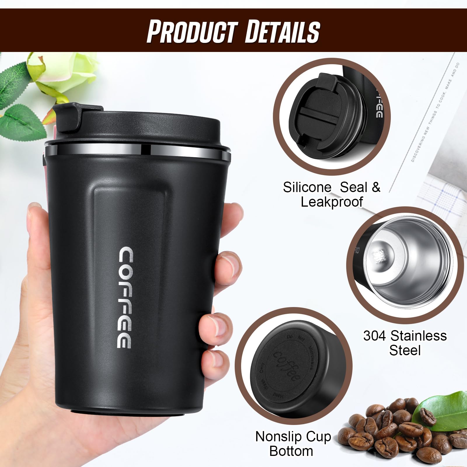 Sieral 4 Pieces 13 oz Insulated Coffee Travel Mug with Leakproof Lid Stainless Steel Coffee Cup Portable Tumbler Reusable Coffee Mugs for Coffee Milk Hot Cold Tea Beer (Black)