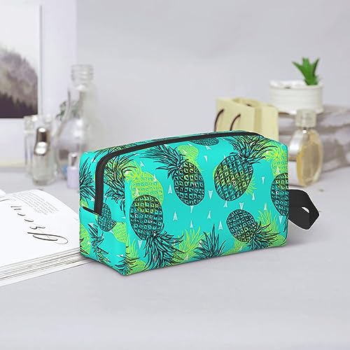 Women Lightweight Makeup Bag Pouch Compatible with Cute Pineapple Turquoise Toiletry Bag, Funny Travel Cosmetic Bag Portable Bag with Zip for Office College