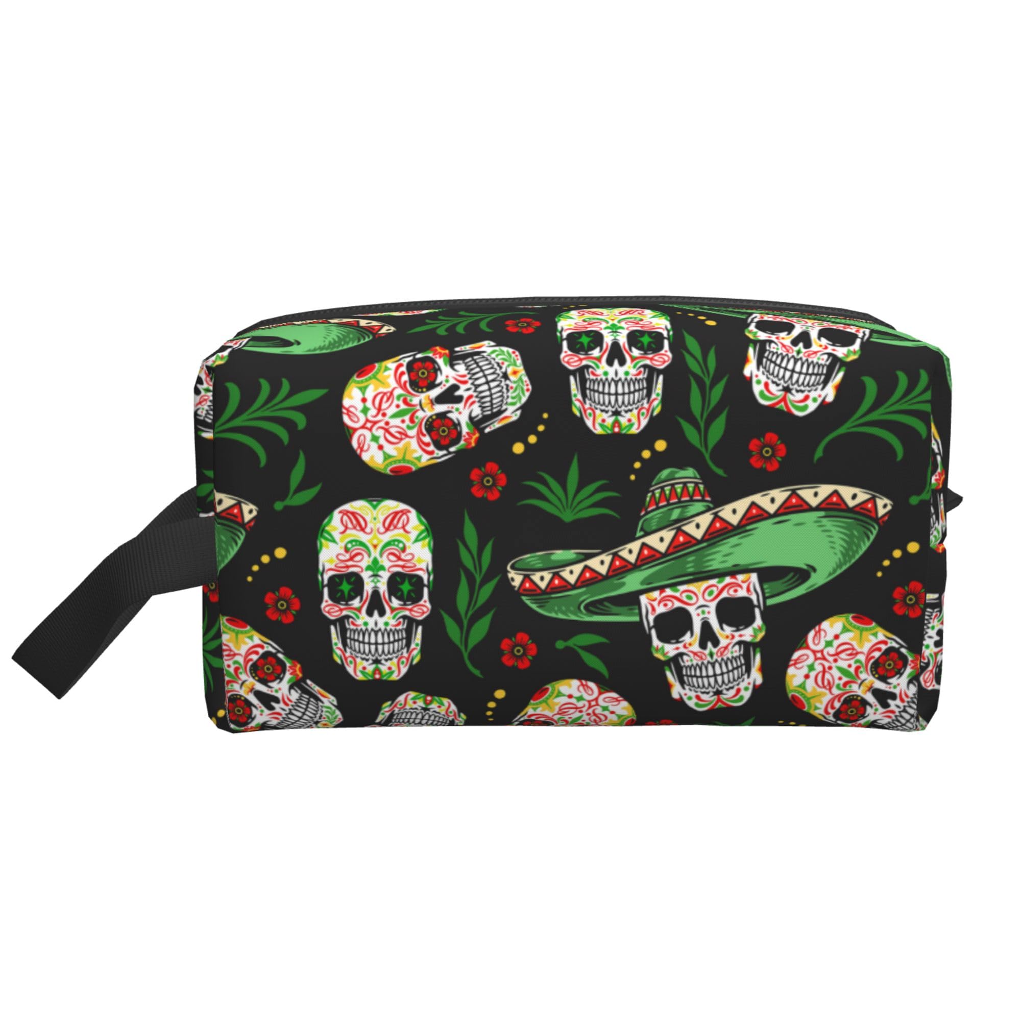 Women Lightweight Makeup Bag Pouch Compatible with Mexican Hat Twigs Flowers Day Dead Sugar Skulls Toiletry Bag, Funny Travel Cosmetic Bag Portable Bag with Zip for Office College