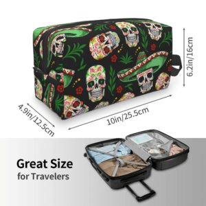 Women Lightweight Makeup Bag Pouch Compatible with Mexican Hat Twigs Flowers Day Dead Sugar Skulls Toiletry Bag, Funny Travel Cosmetic Bag Portable Bag with Zip for Office College