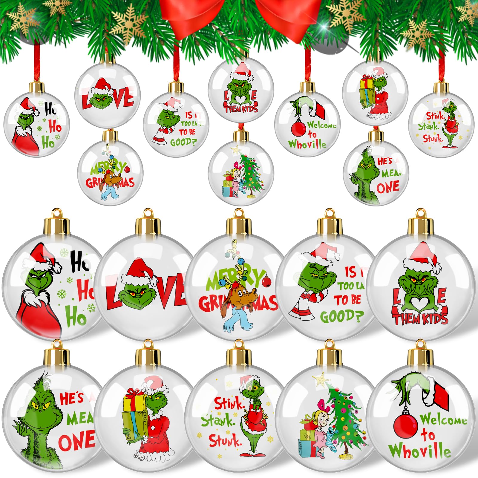 Christmas Ball Ornaments Hanging Decorations - 10pcs Acrylic Clear Christmas Ornaments Balls with Green Gnome Cards for Tree Christmas Crafts Party Decorations