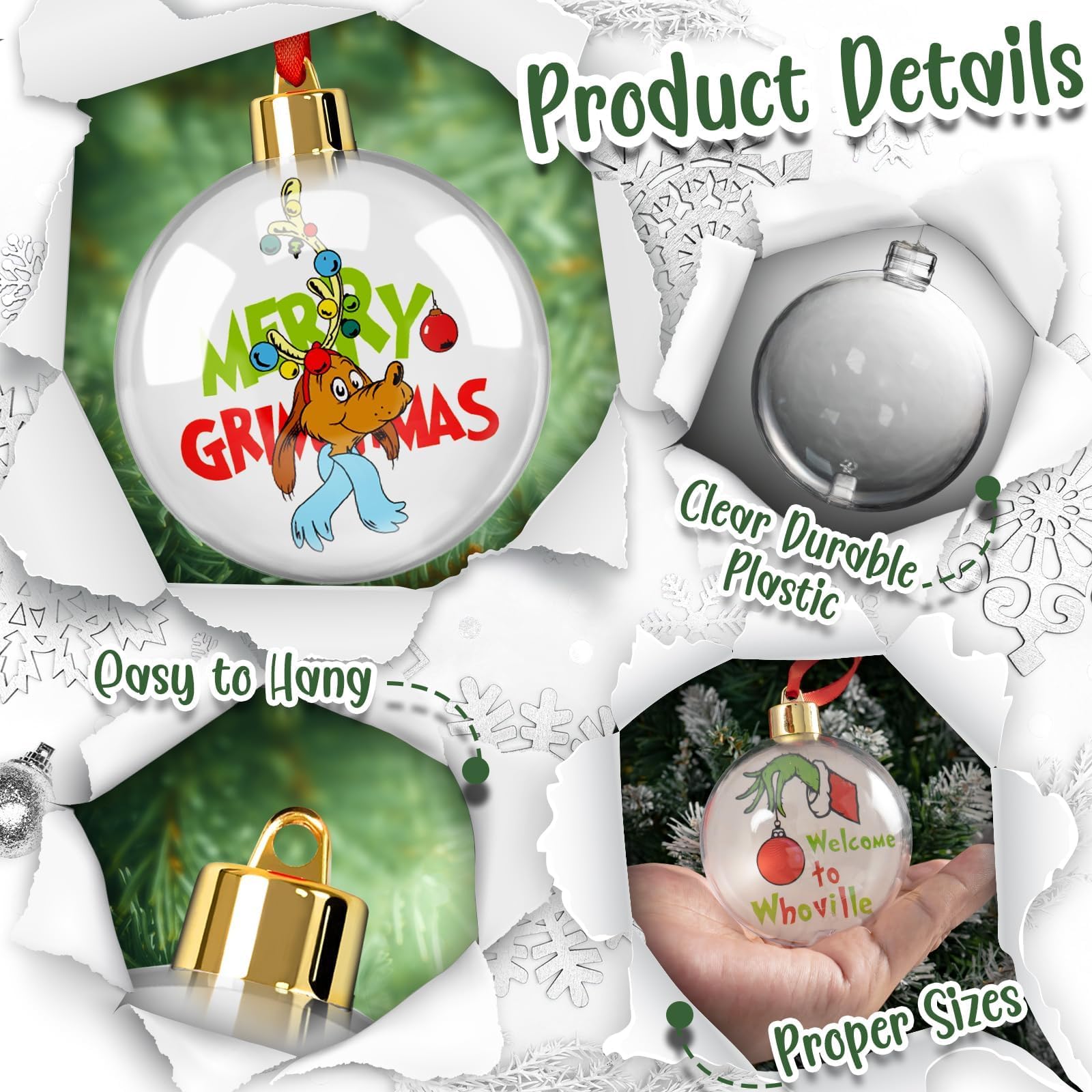 Christmas Ball Ornaments Hanging Decorations - 10pcs Acrylic Clear Christmas Ornaments Balls with Green Gnome Cards for Tree Christmas Crafts Party Decorations