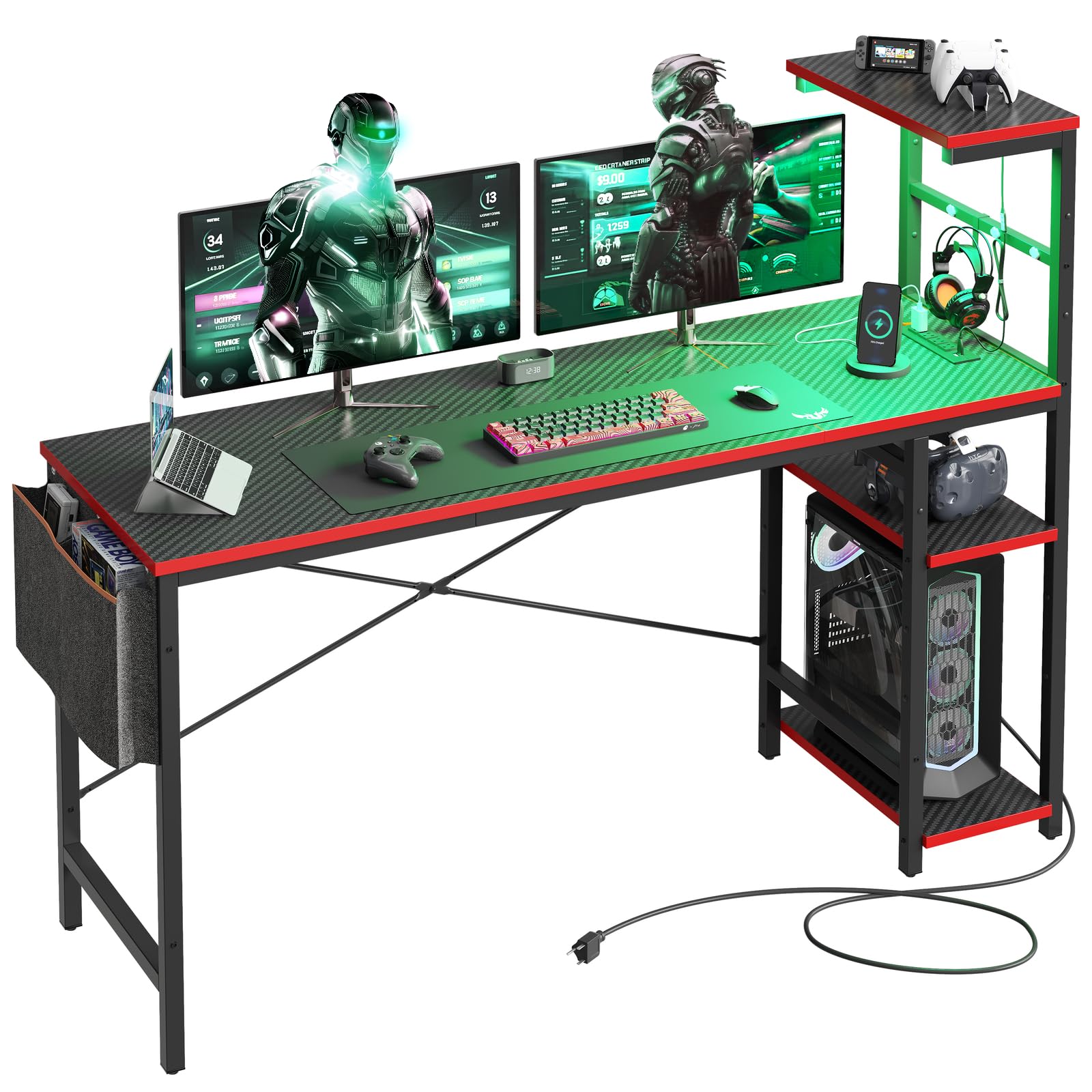 Bestier Gaming Desk with Power Outlets, 61 Inch Large Led Gamer Desk with 4 Tiers Reversible Shelves, PC Gaming Table with Headset Hook & Side Storage Bag for Bedroom (Black 3D Carbon Fiber)