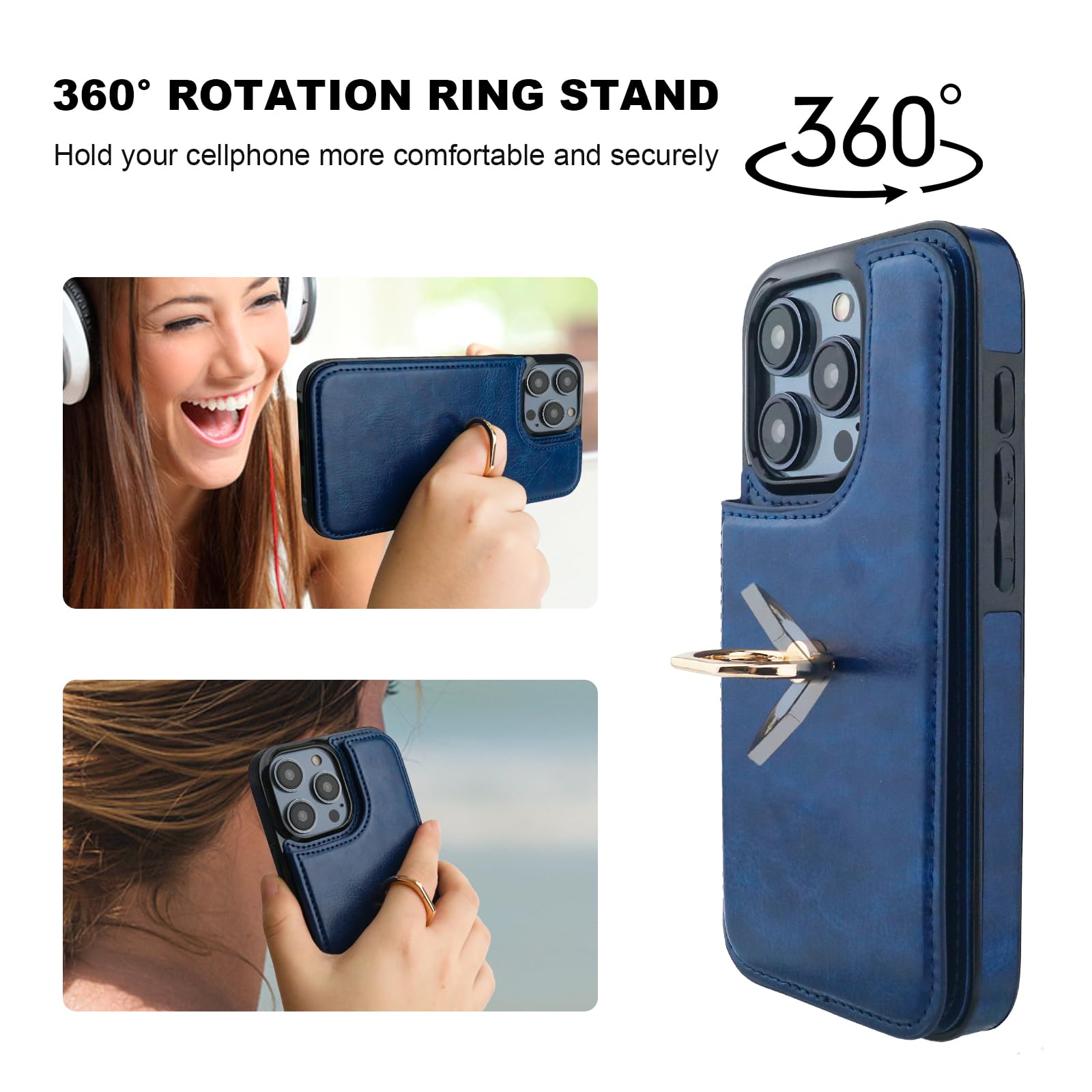 Onetop for iPhone 15 Pro Wallet Case with Card Holder, 360° Rotation Ring Kickstand RFID Blocking PU Leather Double Magnetic Clasp Shockproof Cover for Women and Girls 6.1 Inch (Blue)