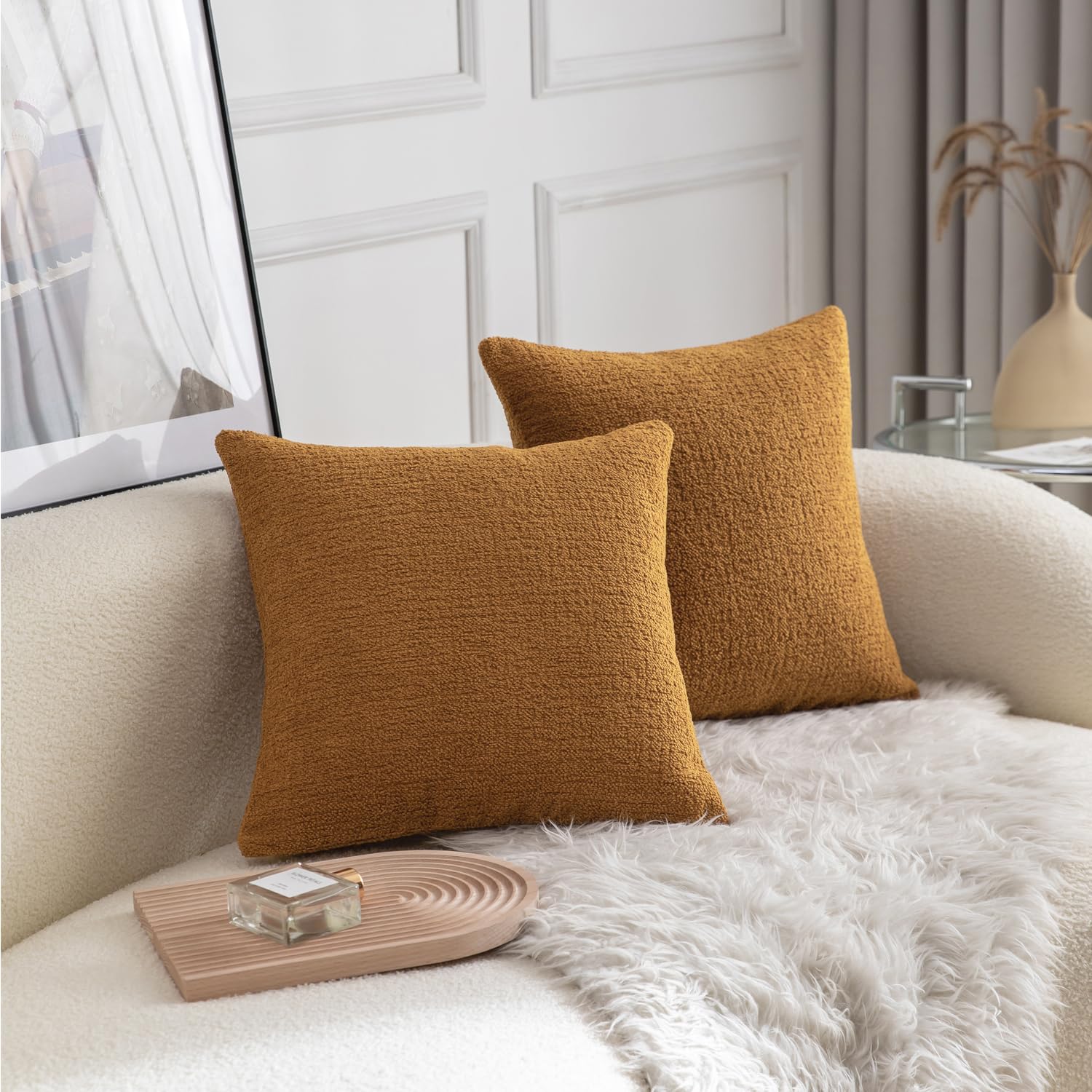 Rythome Ochre Comfy Teddy-Like Textured Throw Pillow Covers for Bed and Couch - 18"x18", Pack of 2