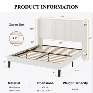 SHA CERLIN Queen Size Velvet Bed Frame with Vertical Channel Tufted Wingback Headboard, Upholstered Platform Bed with Wood Slats, No Box Spring Needed, Easy Assembly, White