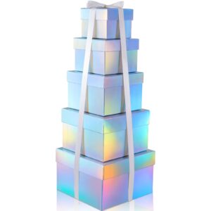 fulmoon 5 pcs holographic sliver nesting gift boxes square gift boxes with lids set 5 assorted sizes laser square stacking boxes with ribbon for wedding festival birthday party presents keepsake