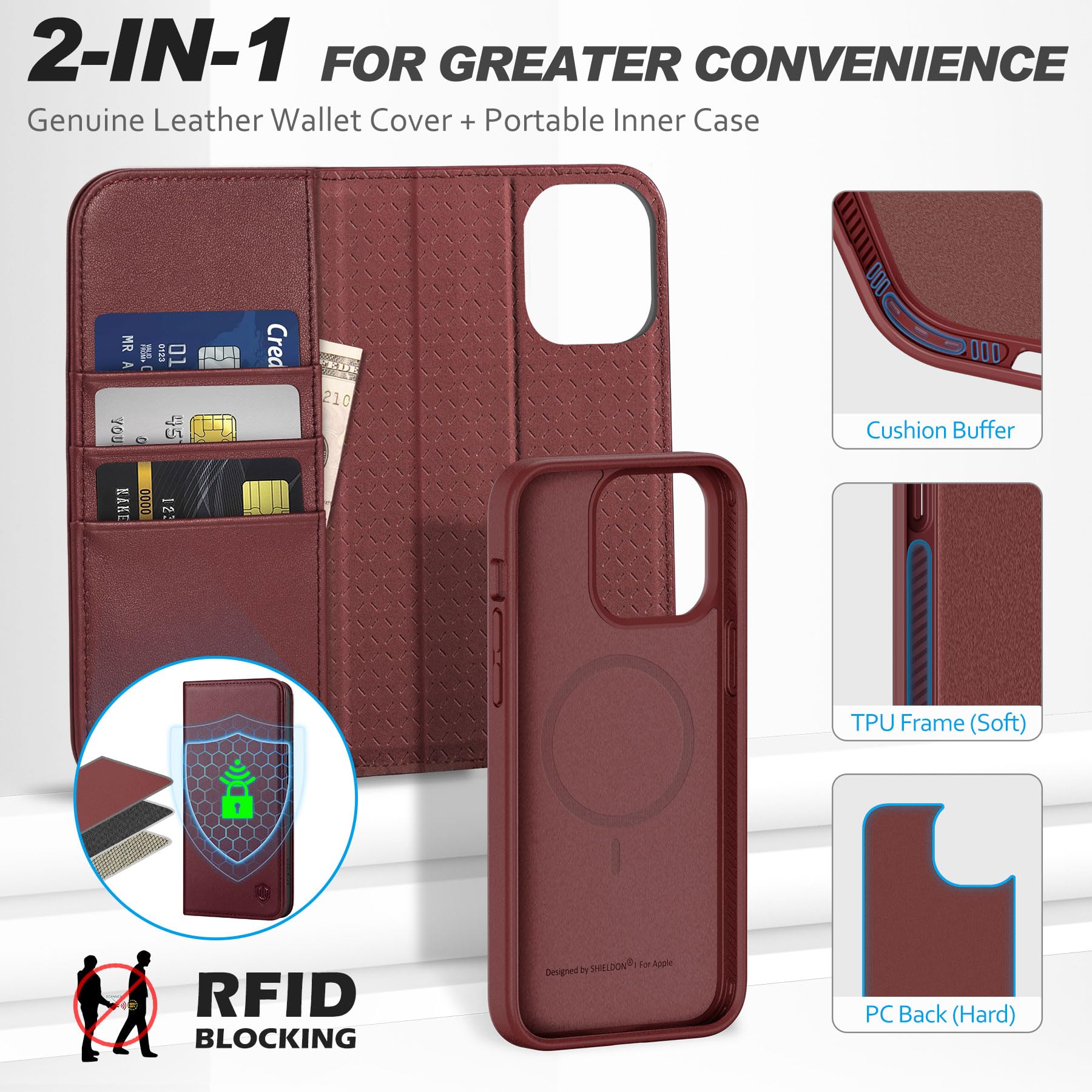 SHIELDON Wallet Case for iPhone 15 Plus 5G, Genuine Leather Detachable Book Flip RFID Blocking Card Slot Magnetic Shock Absorbing Wireless Charging Case Compatible with iPhone 15 Plus - Wine Red