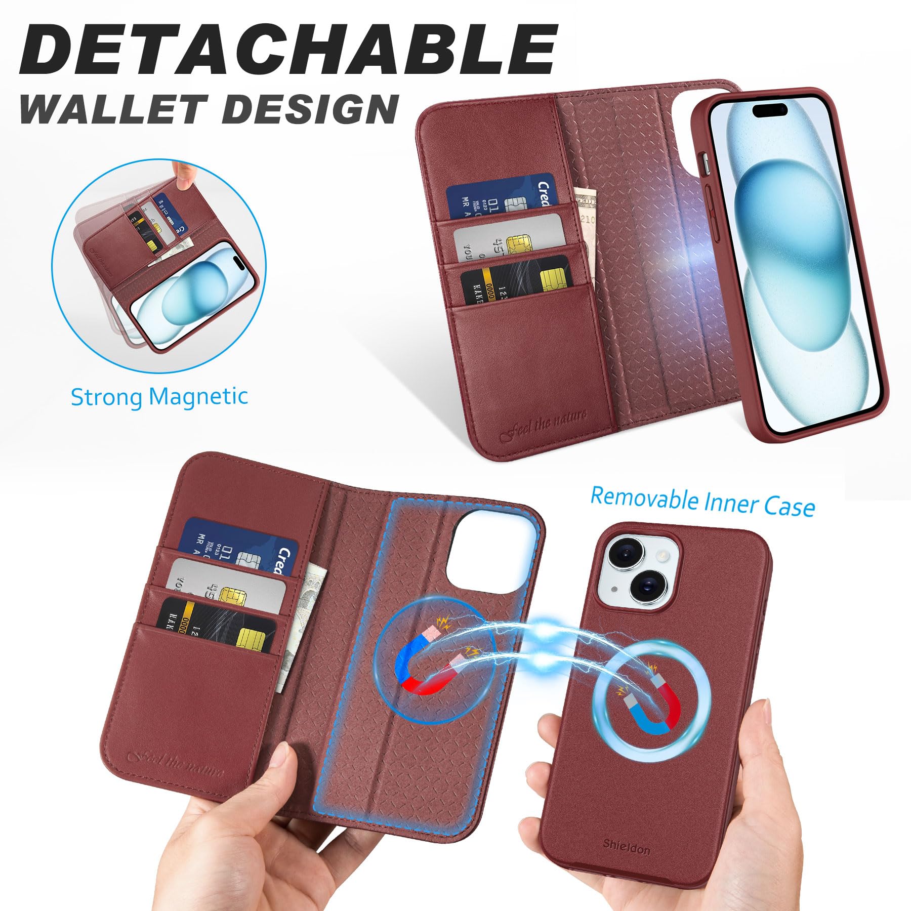 SHIELDON Wallet Case for iPhone 15 Plus 5G, Genuine Leather Detachable Book Flip RFID Blocking Card Slot Magnetic Shock Absorbing Wireless Charging Case Compatible with iPhone 15 Plus - Wine Red