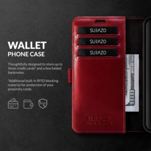 SURAZO Leather Case Compatible with iPhone 15 Pro Case Wallet Leather Genuine - RFID 3 Card Slots & Cash Pocket - Secure Magnetic Closure Plus Stand Function - Flip Folio Cover - Screen Protector