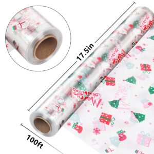 100' Long X 17.5” Wide Christmas Cellophane Wrap Roll - 3 Mil Thicker Christmas Cellophane Roll, Crystal Clear Merry Christmas Cellophane for Gift Baskets, Flower Arts Crafts Food Treats Wrapping