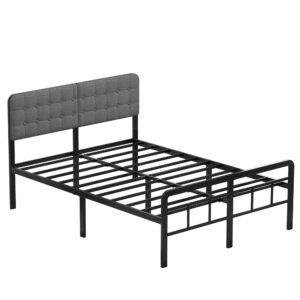 EMODA 16 Inch Queen Bed Frame with Upholstered Headboard and Metal Footboard, Heavy Duty Metal Slats Support Mattress Foundation, No Box Spring Needed, Easy Assembly